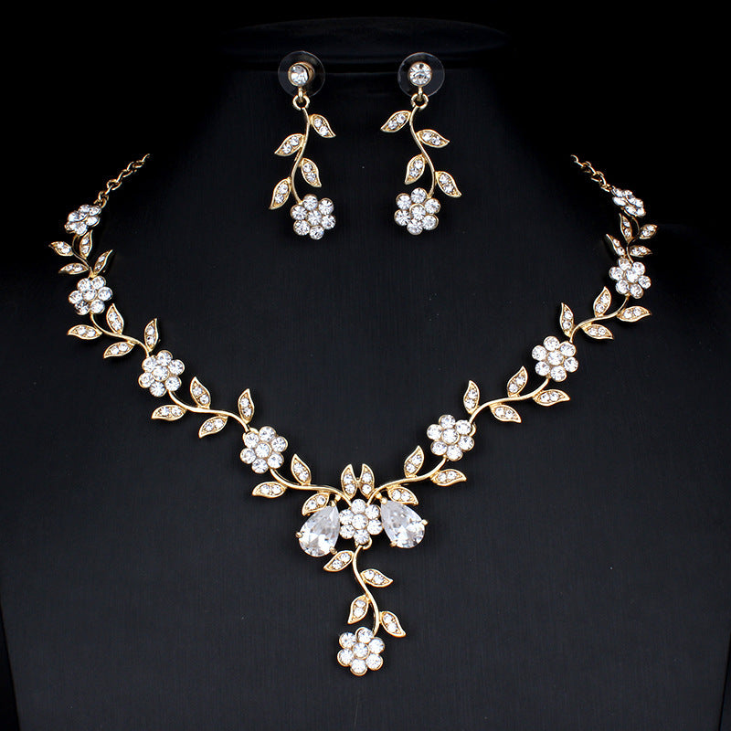 Golden Zircon Jewelry Set Bridal Necklace Earrings Wedding Two-piece Set