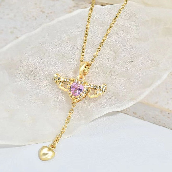 Moving Cupid Heart Angel Wings Tassel Necklace With Crystal Clavicle Chain Women Jewelry Gift