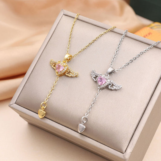 Moving Cupid Heart Angel Wings Tassel Necklace With Crystal Clavicle Chain Women Jewelry Gift