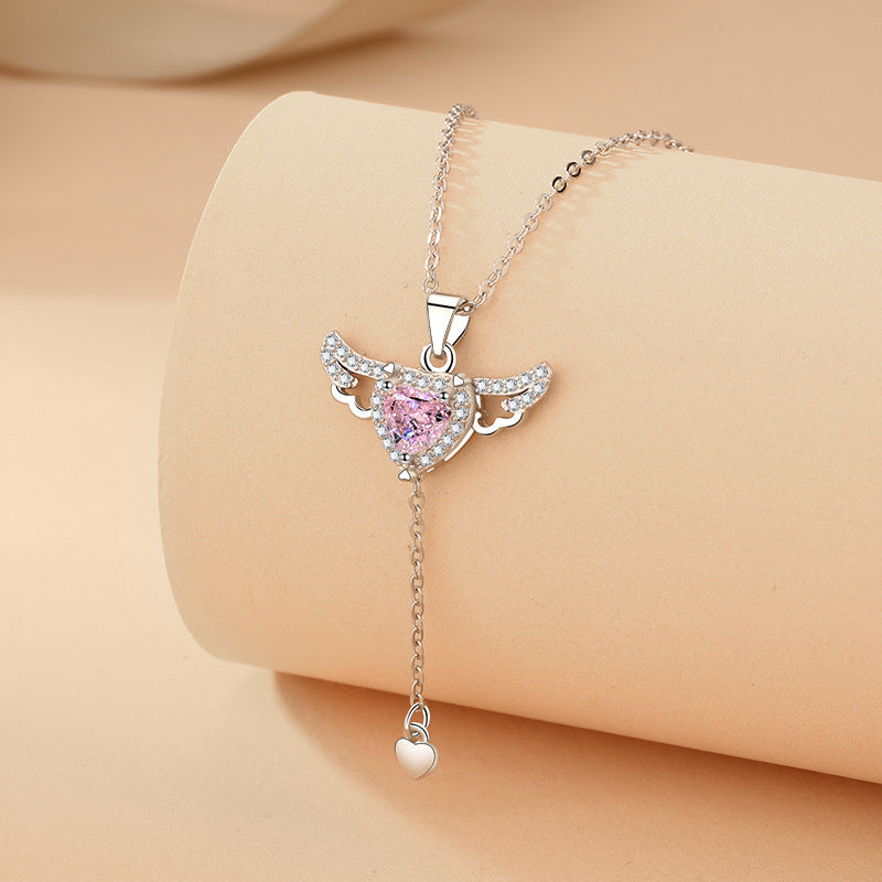 Moving Cupid Heart Angel Wings Tassel Necklace With Crystal Clavicle Chain Women Jewelry Gift