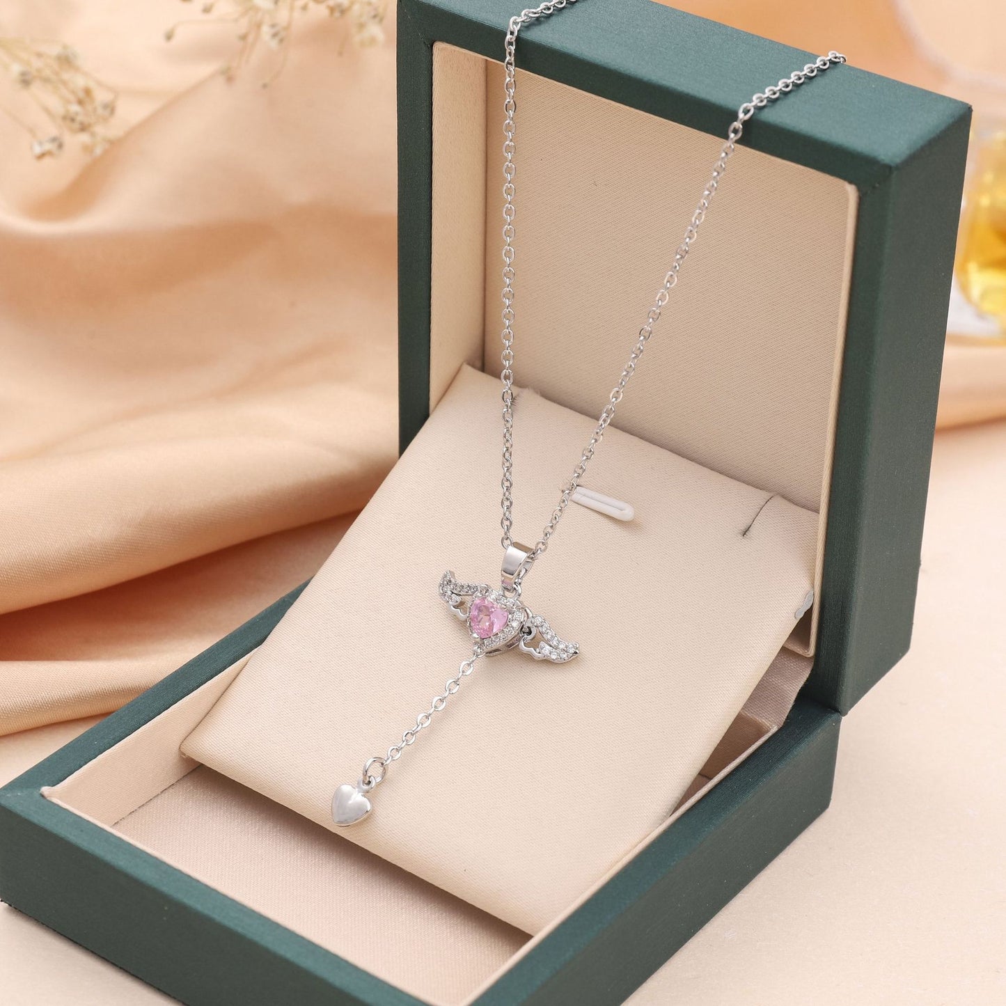 Moving Cupid Heart Angel Wings Tassel Necklace With Crystal Clavicle Chain Women Jewelry Gift